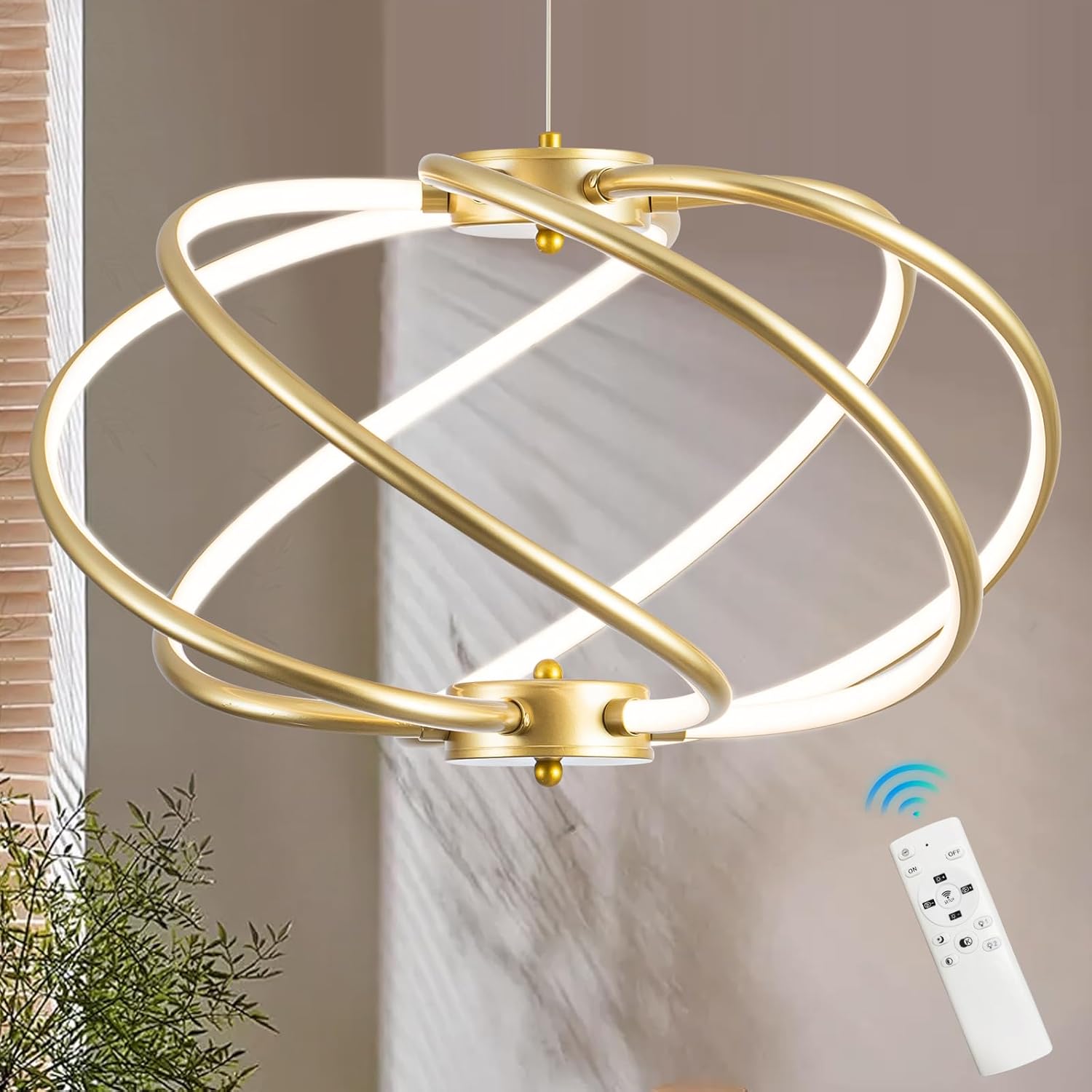 Gold Modern Chandelier LED Pendant Light Dimmable Contemporary Chandelier for Dining Room Entryway Kitchen Foyer, 3000K-6000K Gold-A