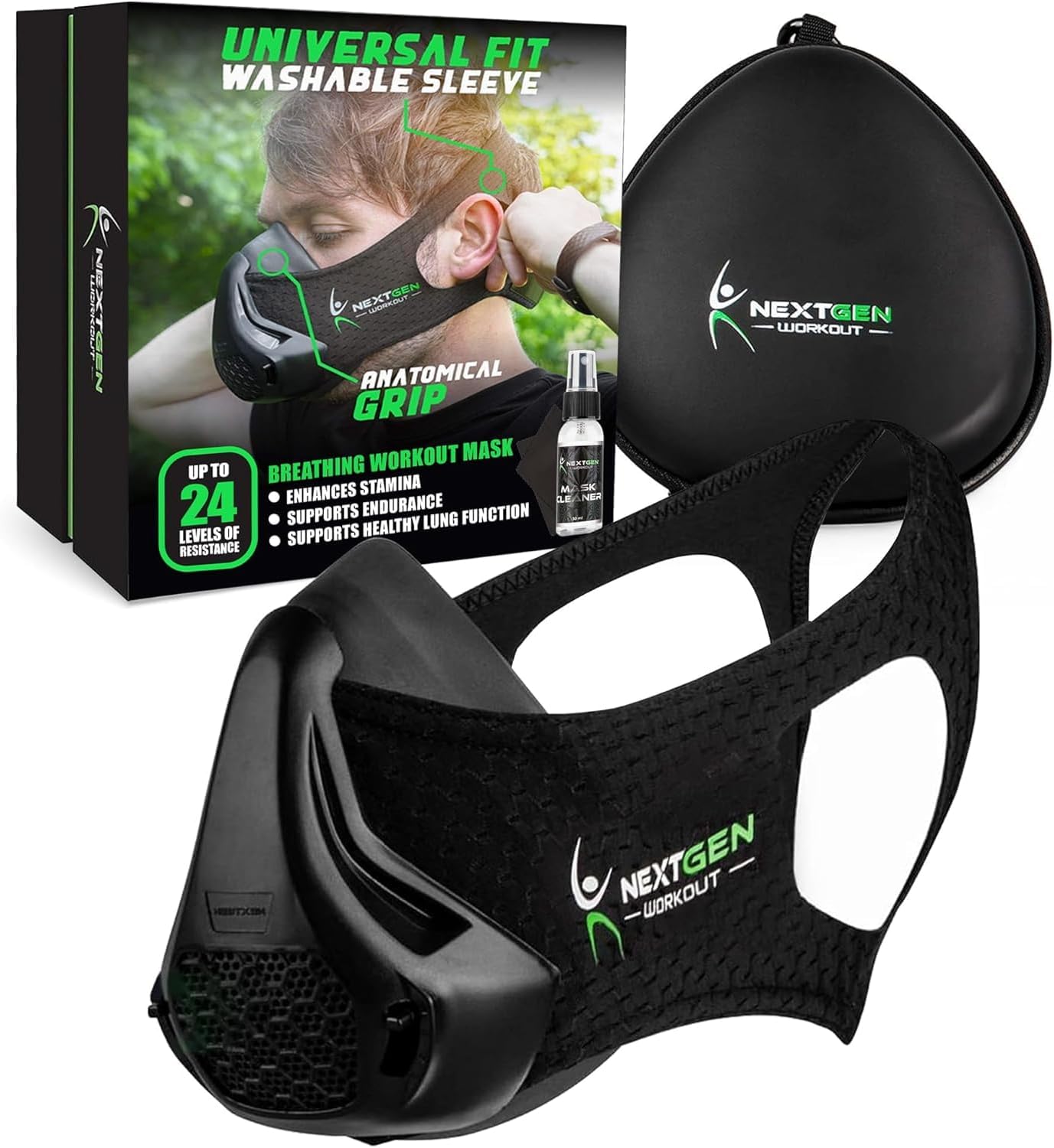 NEXTGEN Workout Altitude Mask for Men & Women, 24-Level Resistance Breathing Trainer for Cardio, Running & Gym Workouts, 8 Filters, Cleaning Spray, Cloth, Case