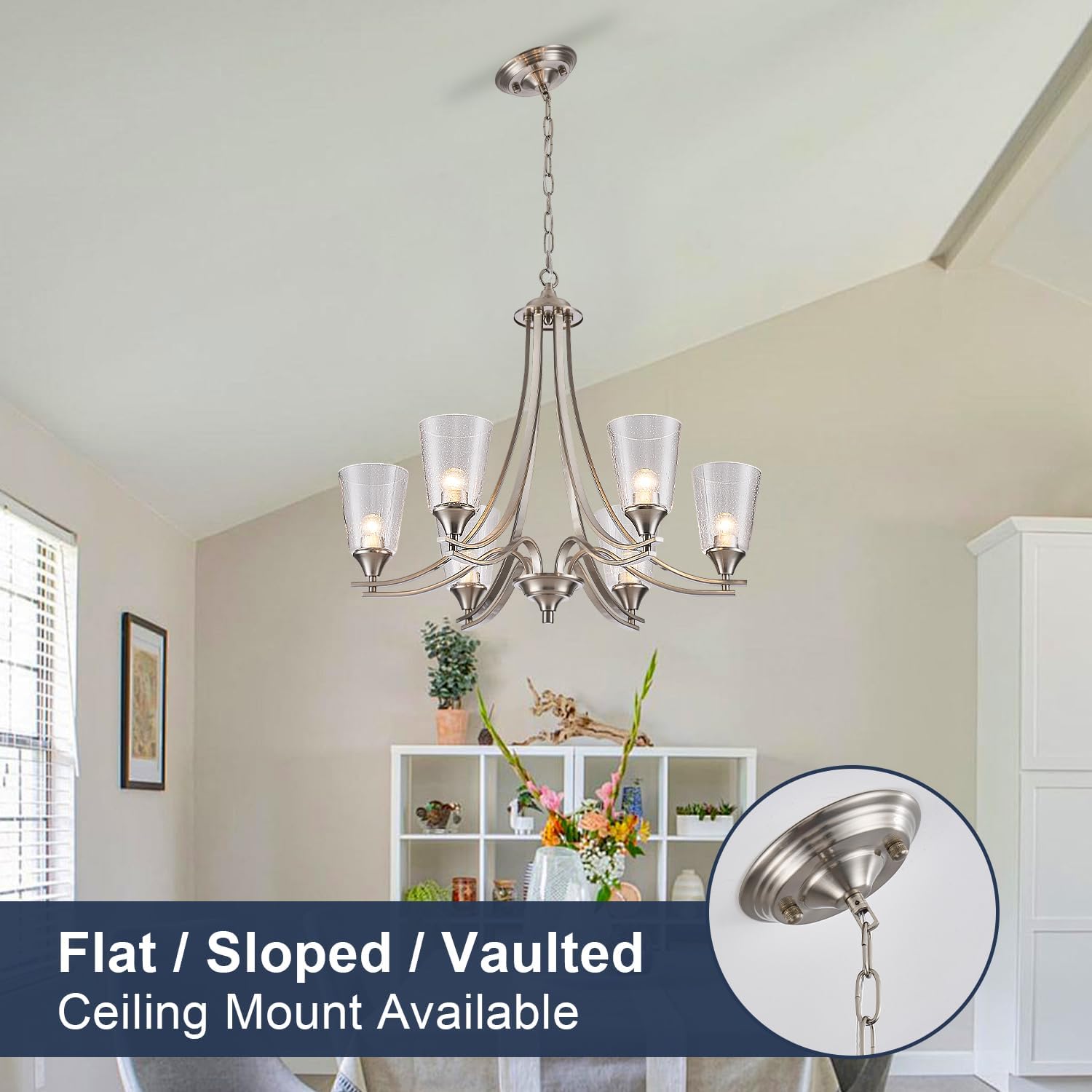 Brushed Nickel Chandelier Light Fixture for Kitchen Island 6-Light Pendant Lighting with Seed Glass Lampshade Max 47.2 Height Adjustable Silver Hanging Light for Dining Room Foyer Living Room