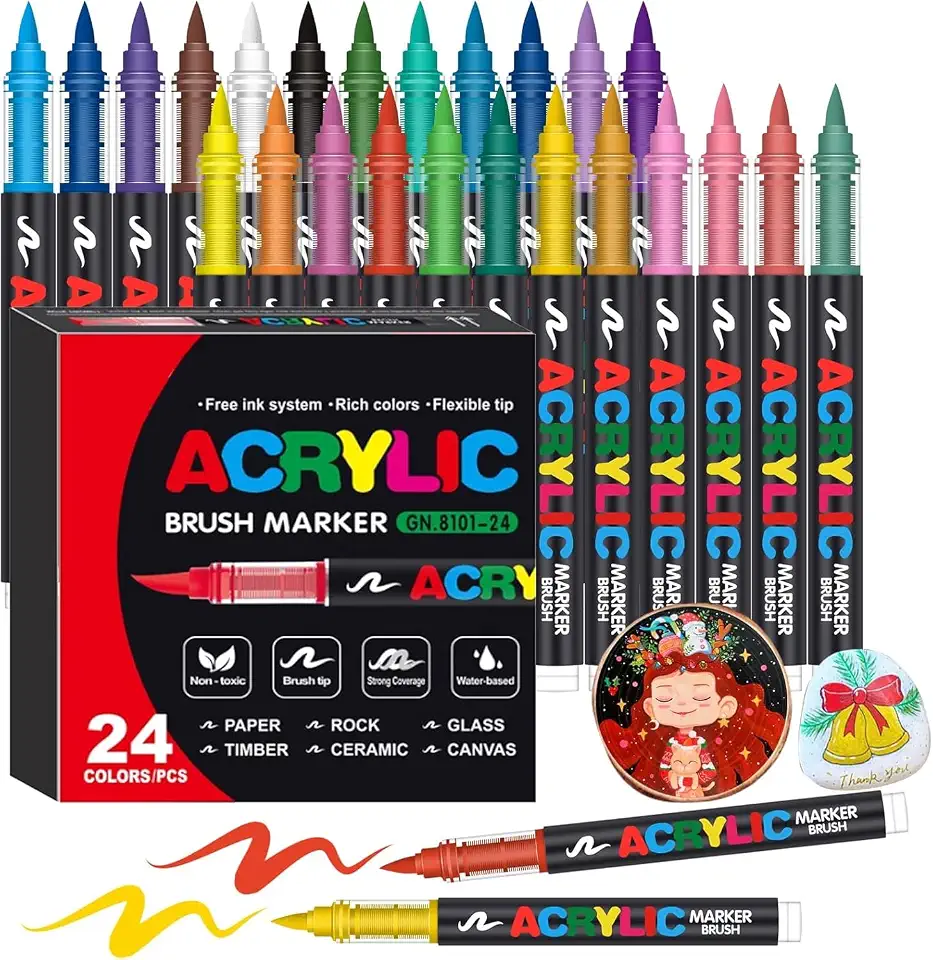 24 Canetas Marcadoras Acrílicas com Ponta Pincel Tinta à Base de Água para Artesanato Desenho Pintura Criativa em Diversas Superfícies (24 cores)