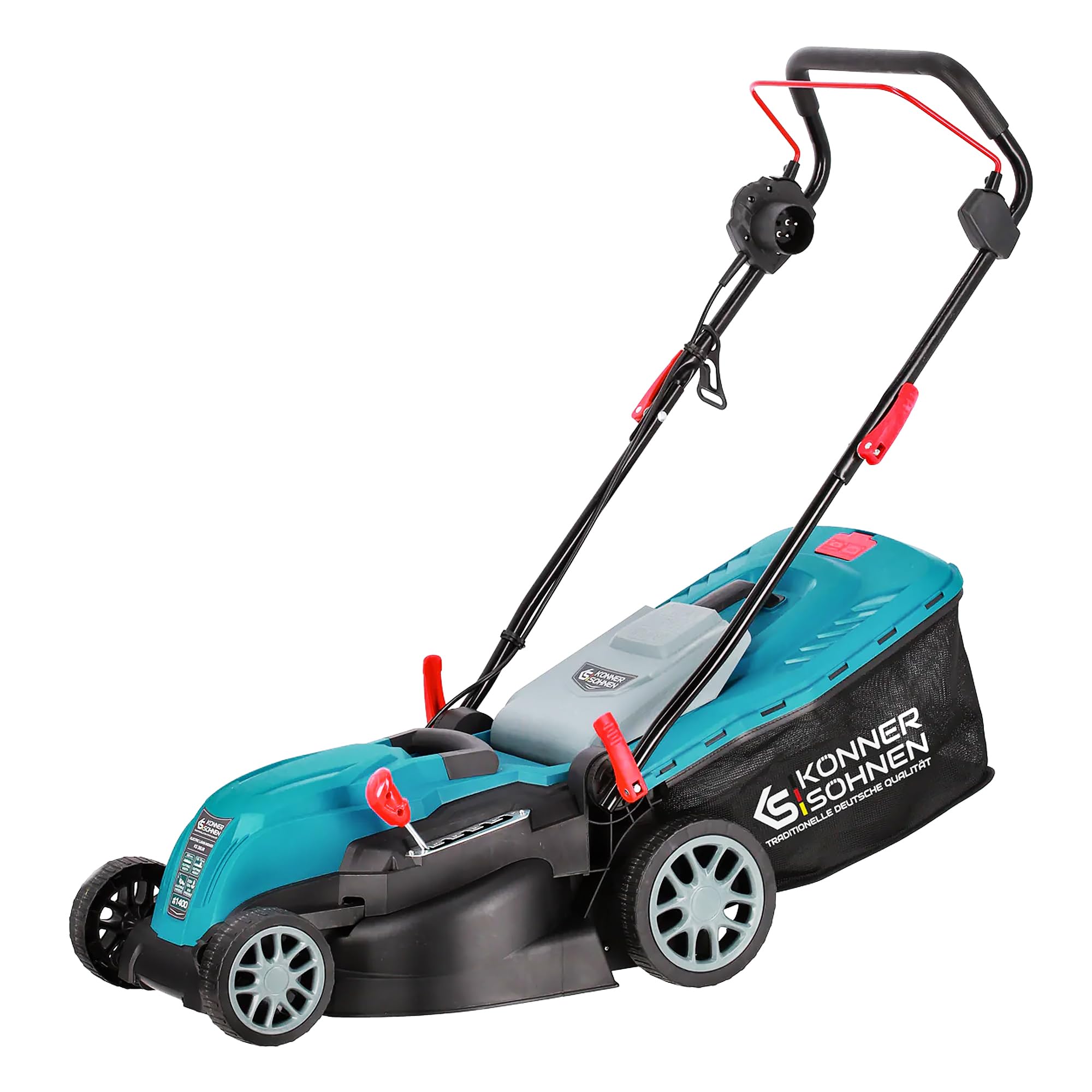 K&S Könner&Söhnen KS 38LM kosiarka elektryczna 1400 W, prędkość obrotowa biegu jałowego 3250 obr./min, szerokość cięcia 380 mm, wysokość cięcia 25-75 mm, 5 pozycji, pojemnik na trawę 40 l + KS GT-250