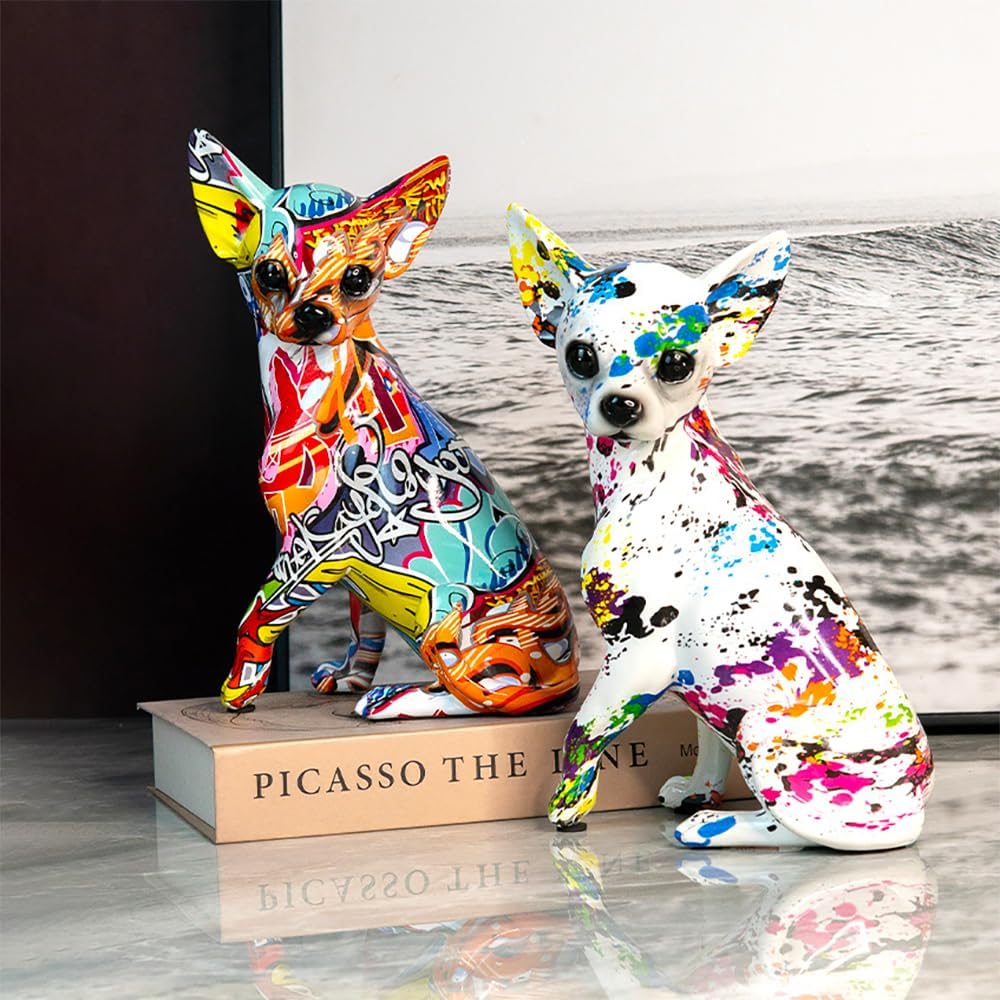 Graffiti Chihuahua Dog Statue Sculpture Animal Art Figurine Home Decoration for Living Room Bedroom Book Shelf TV Cabinet Desk Top Decor Table Centerpieces Ornaments (A1)