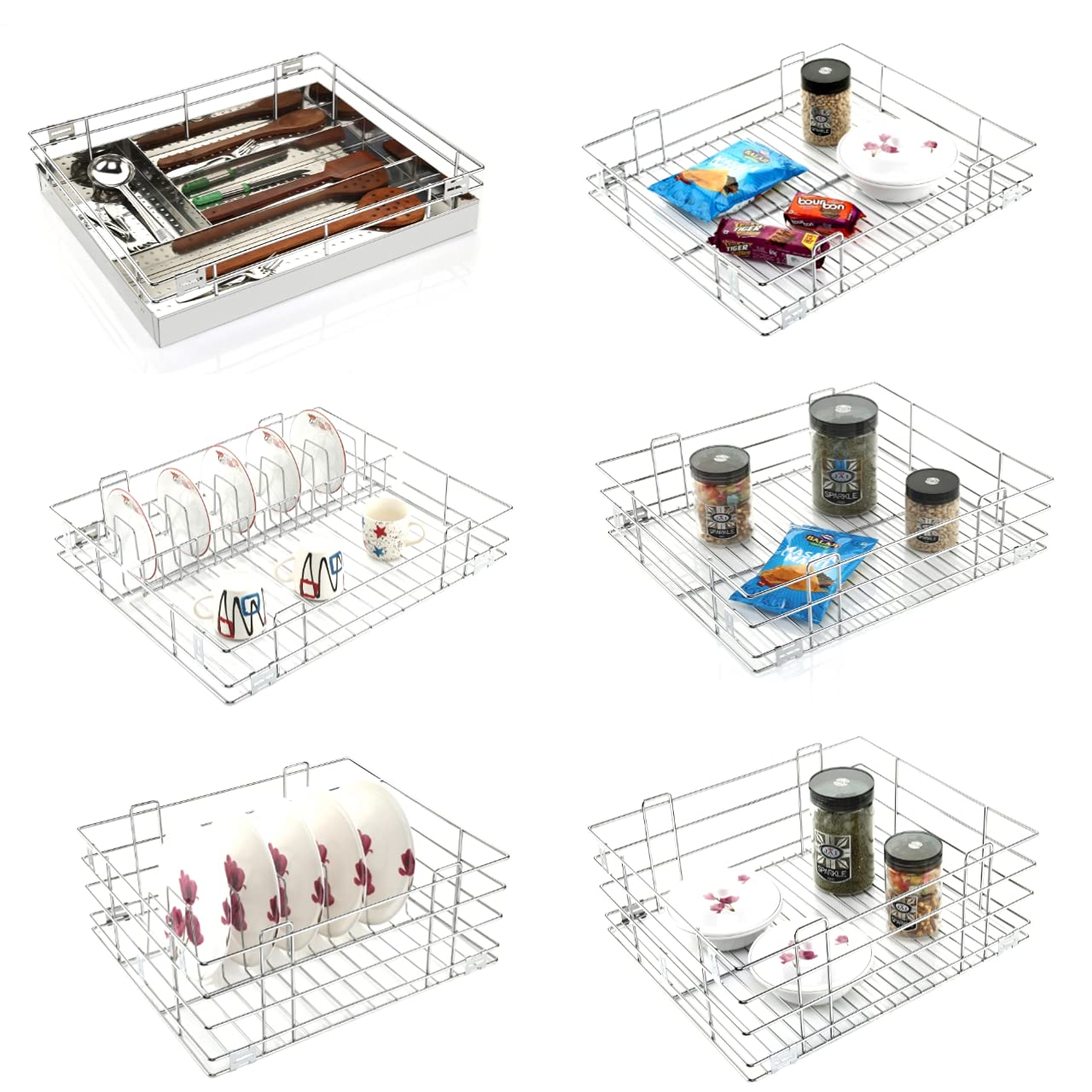 LANDWOOD set of 6 modular kitchen basket for cabinet storage drawer and rack stainless steel accessories (17X20 INCH)