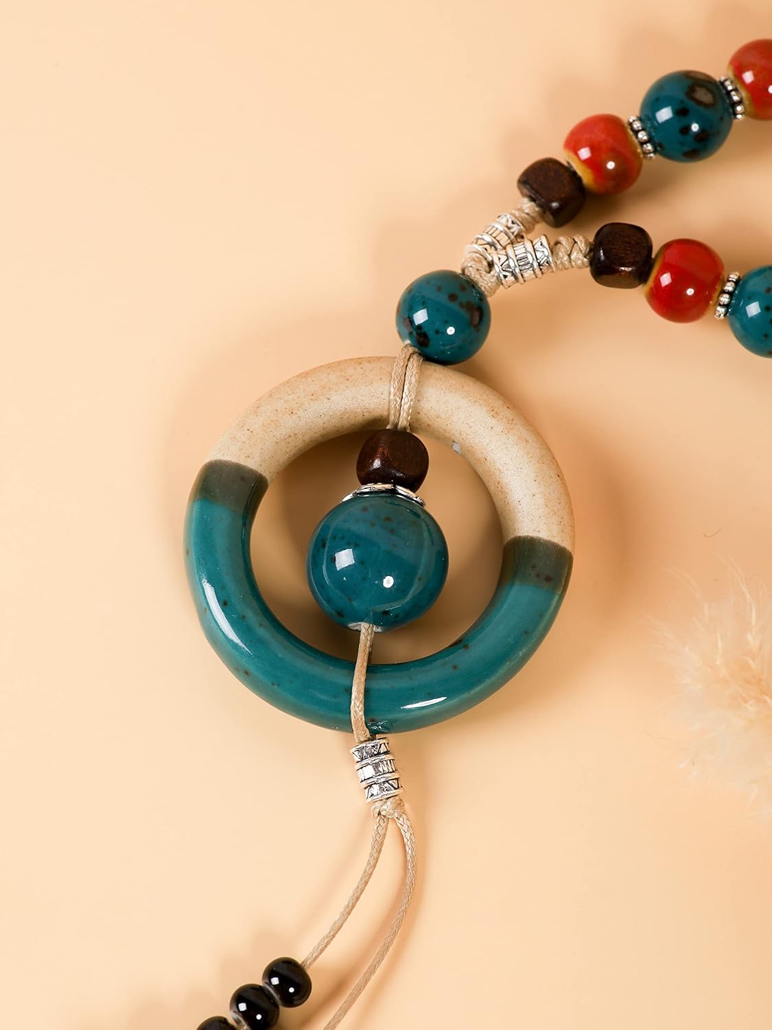 MINACHI Boho Hippie Colorful Ceramic Beads Strand O Ring Circle Charm Long Y Necklace, Vintage Bohemian Statement Jewelry Gift for Women - Image 4