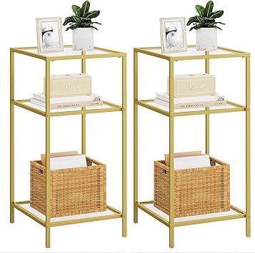 Homhedy 3-Tier Side Tables Set of 2, End Tables with Tempered Glass, Nightstands with Storage Shelves, Slim Sofa Tables for Living Room, Bedroom 2, Golden