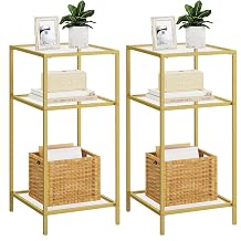 Homhedy 3-Tier Side Tables Set of 2, End Tables with Tempered Glass, Nightstands with Storage Shelves, Slim Sofa Tables for Living Room, Bedroom 2, Golden