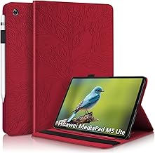 Aswant Coque Huawei Mediapad M5 Lite 10 Etui Cuir PU Portefeuille BookStyle Flip Supporter Function Cover Fente pour Carte Housse Tablette pour Huawei Mediapad M5 Lite / C5 10.1 Pouces 2018 - Rouge