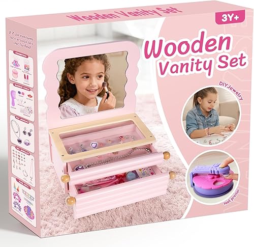 Tocador de maquillaje para niñas pequeñas con espejo, tocador de maquillaje para niños con 27 piezas de accesorios, tocador de mesa para niñas