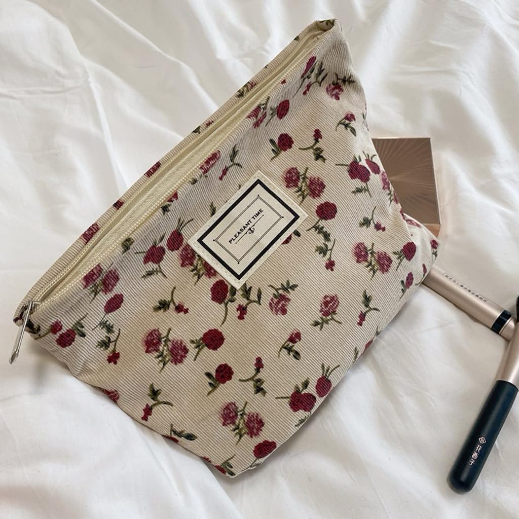 Travel Checkered Makeup Bag, Corduroy Cosmetic Bag for Purse, Small Cosmetic Zipper Pouch Cute Travel Checkered Makeup Bag Gift for Women,Girls (beige flower) image 4