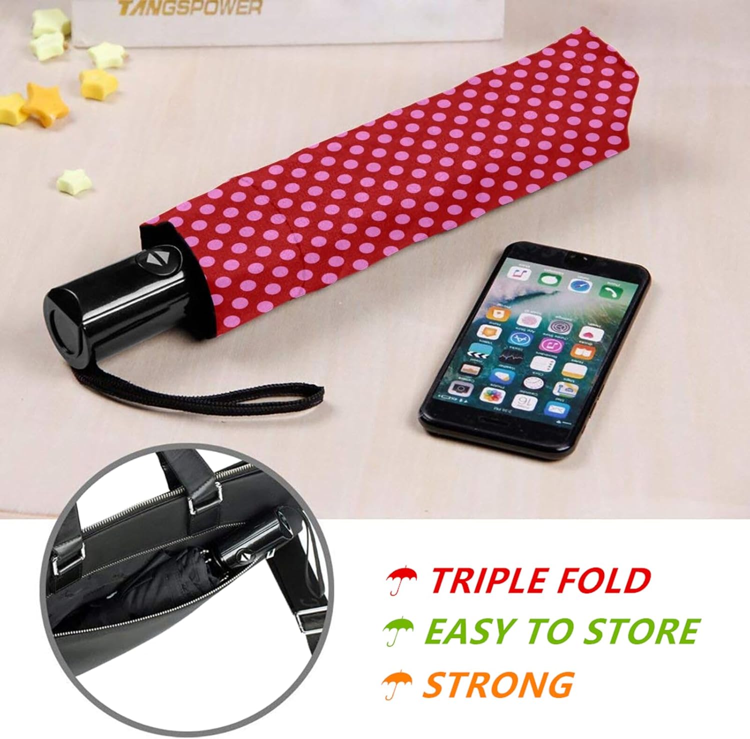 Polka Dot Folding Umbrella for Women, Auto Open Close Compact Umbrella, UPF 50+ Sun Protection, Lightweight Wind-Resistant Travel Umbrella with Wrist Strap & Sleeve