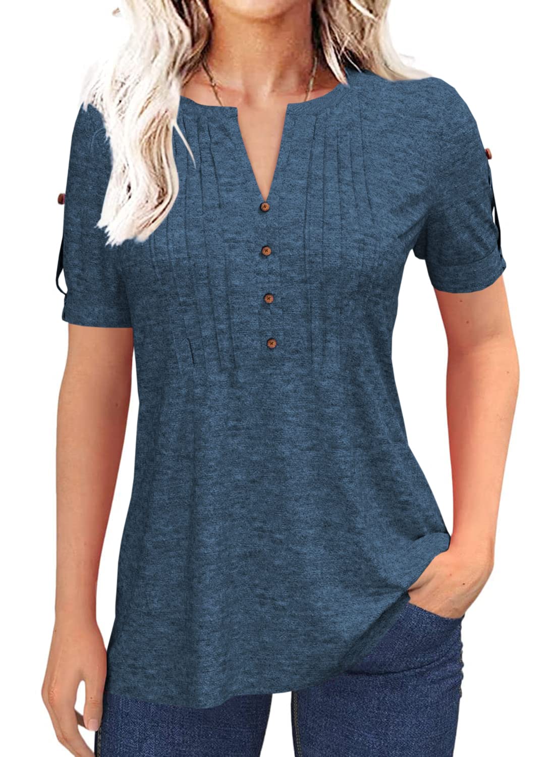 Women's Zipper Summer Pleated Button Short Sleeve T-Shirt Summer V-Neck Solid Color Casual top