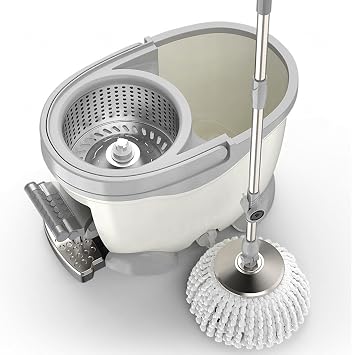 AMNOOL Spin Mop and Bucket Set with Foot Pedal Wringer System, Self Cleaning Wet/Dust Mop, Flat Floor Cleaning Mop for Hardwood, Laminate, Tiles, Silver, 7 Count