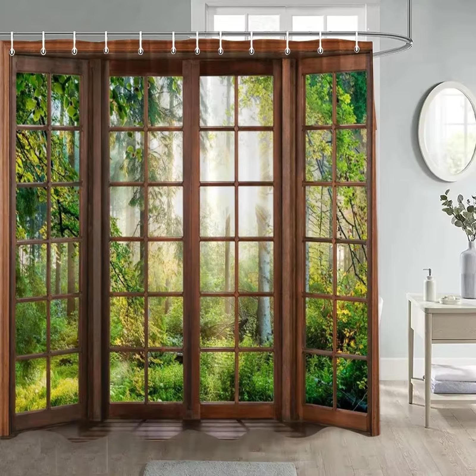 Rideau de douche forêt soleil 260x200cm en polyester vert