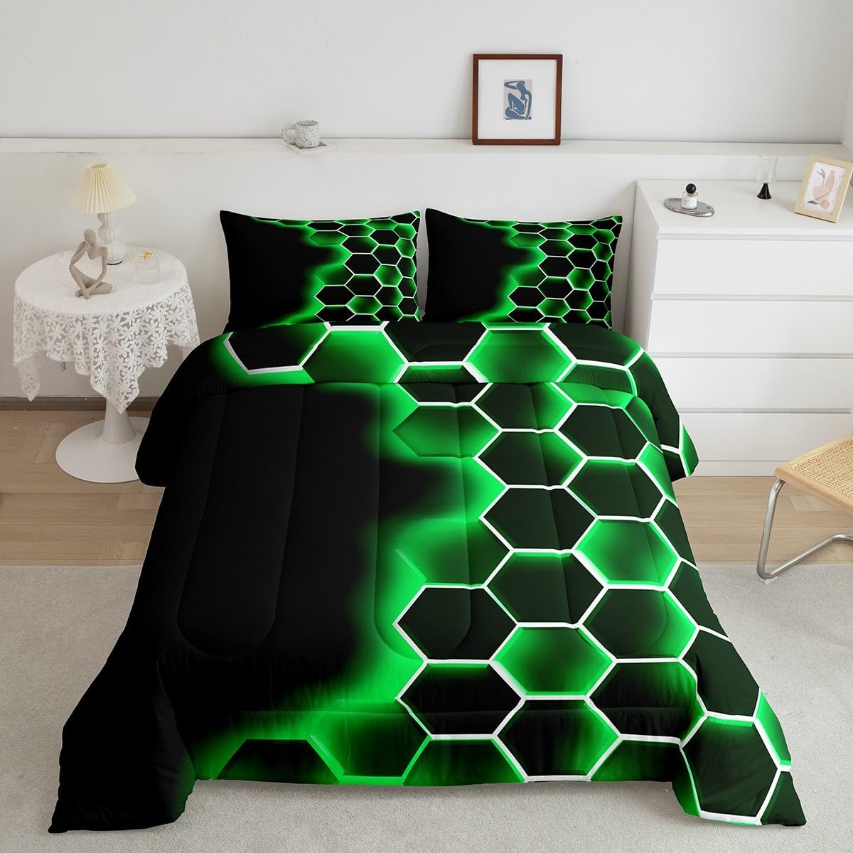 Feelyou Honeycomb Comforter Set Full Size Kids Ombre Hexagonal Geometrical Comforter for Boys Girls Teens Beehive Bedding Set Green Black Duvet Set Room Decor