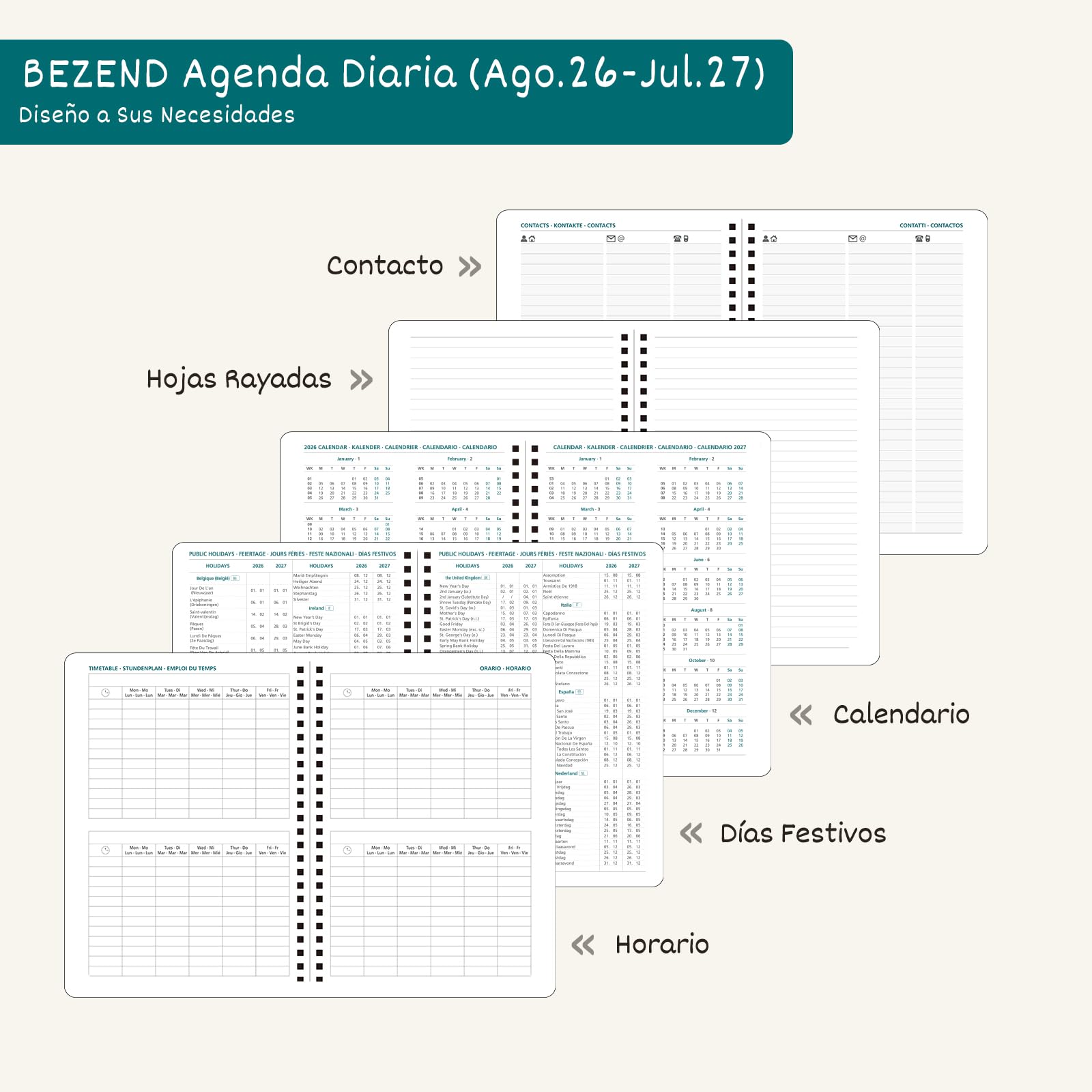 BEZEND Agenda Escolar 2026 2027 Día por Página A5 Espiral, 12 Meses de Ago.26 a Jul.27, Agenda Diaria 15,5 x 21 cm, Dia Vista con Intervalos de 30 minutos, Tapa Dura en Cuero PU - Rosa