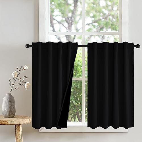 Miniatura 23 de PONY DANCE Cortinas de cocina 100% opacas cortas de 45 pulgadas de largo, cortinas de café con aislamiento térmico para ventanas con parte trasera