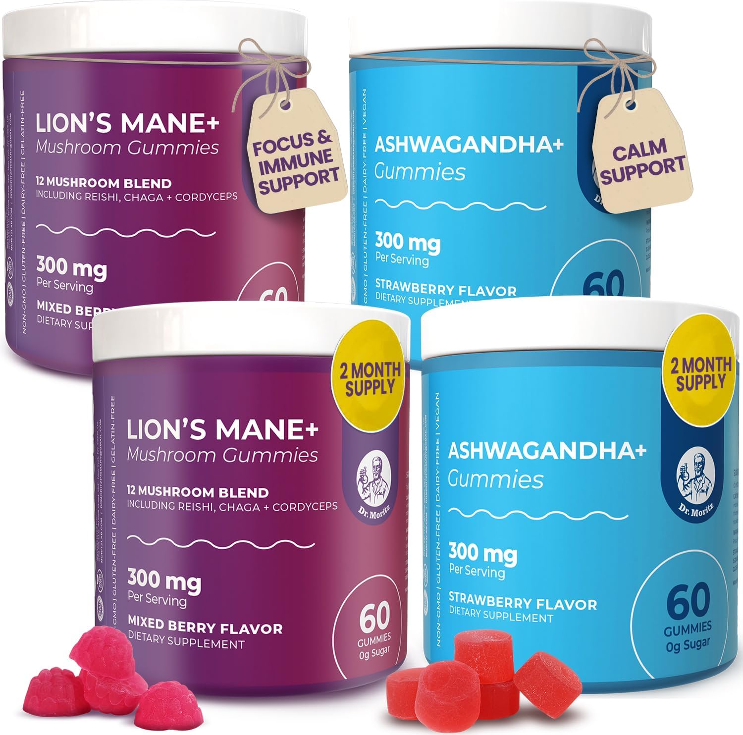DR. MORITZ Ashwagandha + Lions Mane Mushroom Gummies Bundle – 120 Count Each – Sugar-Free, Non-GMO – with L-Theanine – Ashwagandha for Men & Women – Supports Calm, Focus, Relaxation & Immune Health
