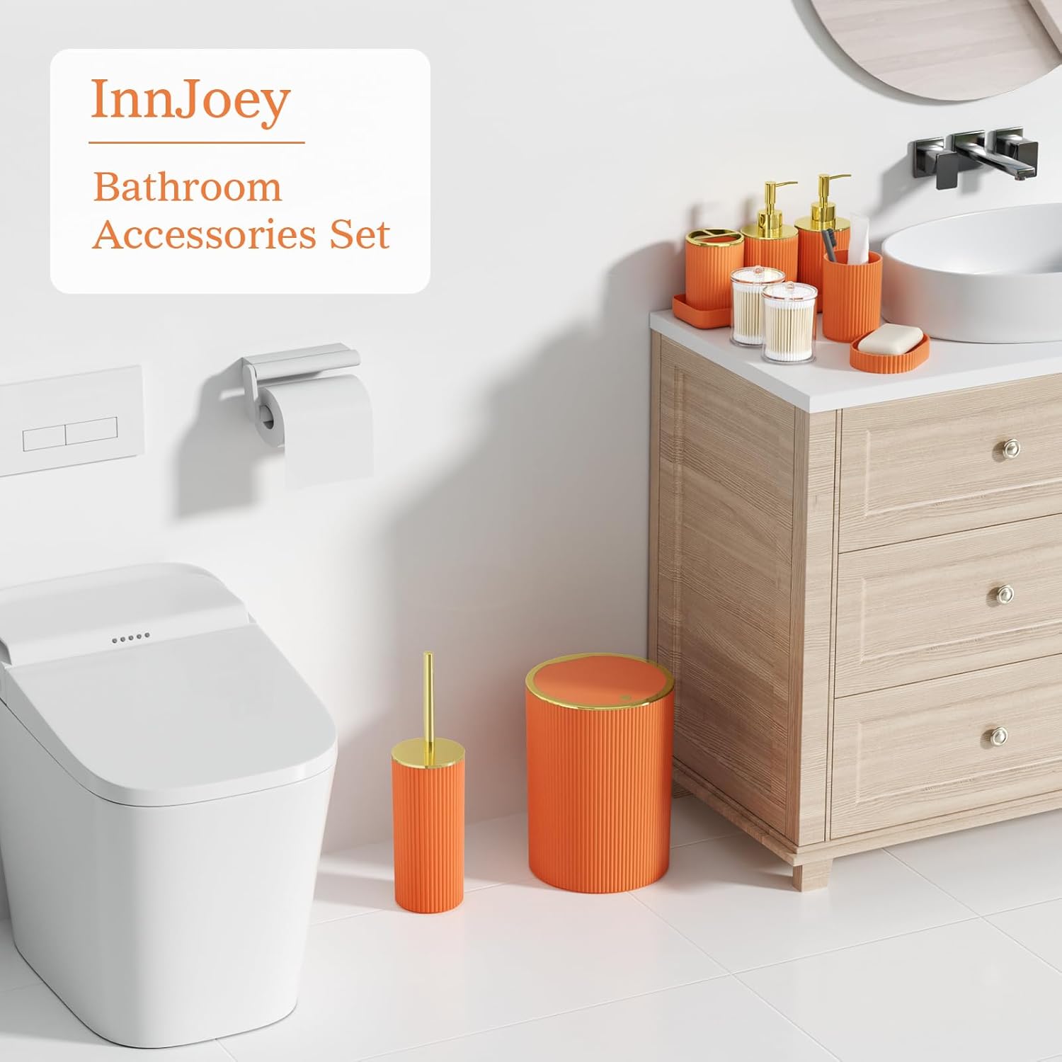 Orange Bathroom Accessories Set - Bathroom Sets, 25PC Bath Accessory Set, Bathroom Sets with Push Top Trash Can, Shower Curtain and Rugs, Toilet Brush, Trash Can & Soap Dispenser