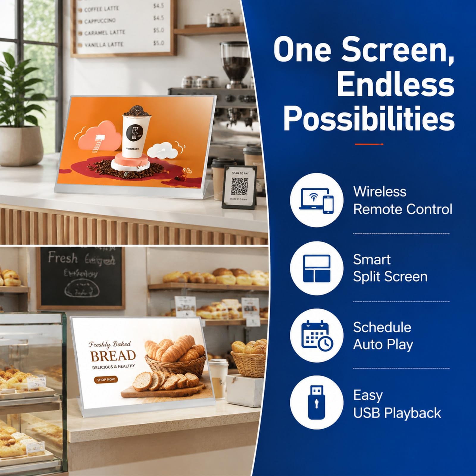 Speisekartenhalter 700 Nits Hochglanz-Kundenstopper, kostenlose Cloud & USB, Aluminium Nicht-Touch, intelligenter Timer für Imbiss & Pizzerias 27Inch