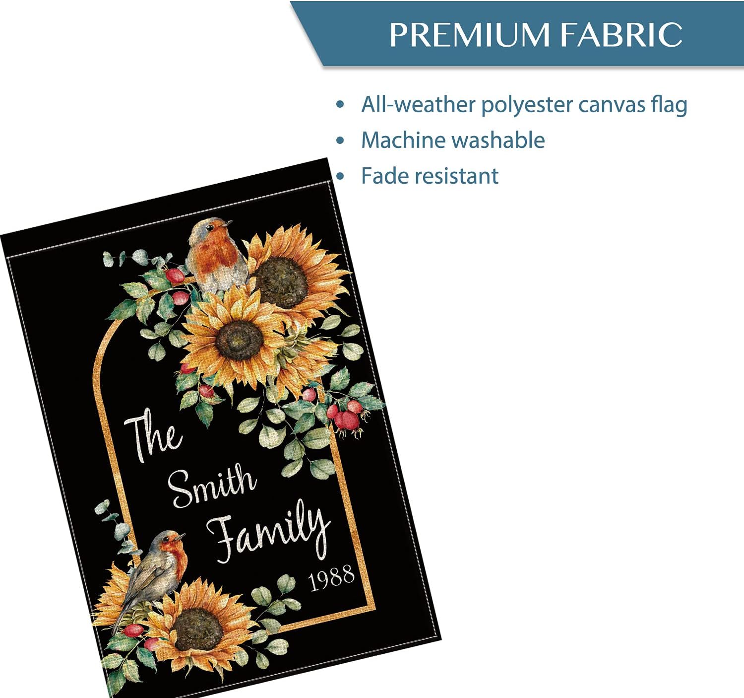 Smile Personalized Fall House Flag, Sunflowers Bird Customized Family Last Name, Double Sided 28 x 40 Inch Rustic Farmhouse Burlap Yard Outdoor Decoration