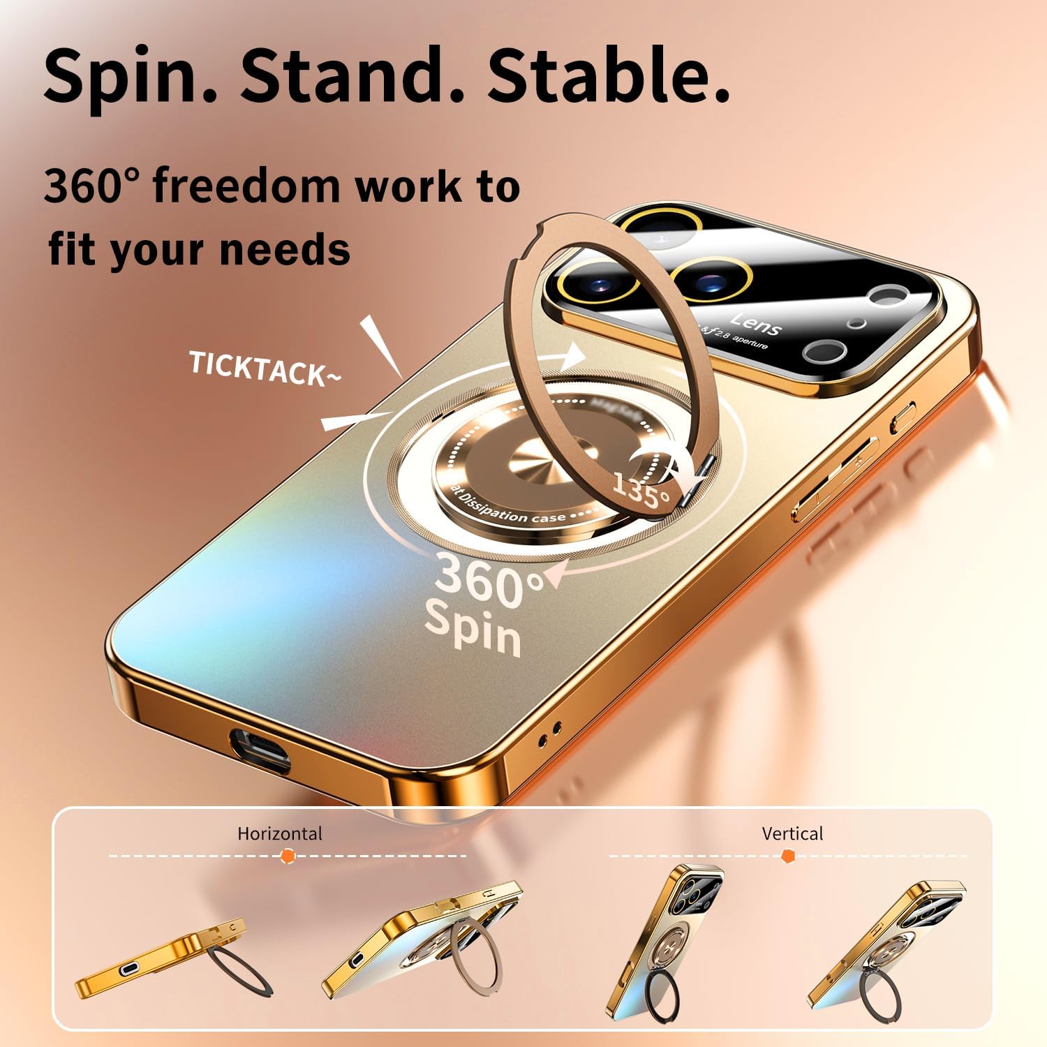 for iPhone 17 Pro Max Case with Spin Magnetic Stand [Integrated Camera Cover] [Fit for MagSafe] Slim Shockproof Protection Phone case with Kickstand 6.9'', Gold