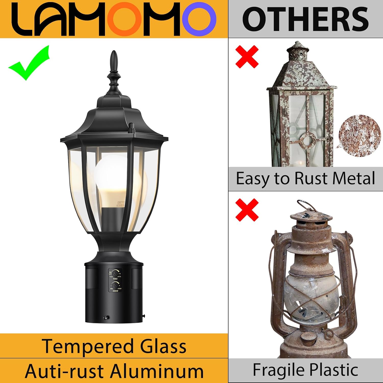 Lamomo Motion Sensor Outdoor Post Lights, Dusk to Dawn Lamp Post Light Fixture, Waterproof Aluminum Lamp Posts Outdoor Lighting Pole Lantern for Yard Patio Pathway Garden