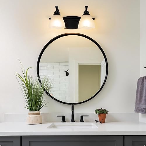 Miniatura 6 de Lámparas de baño (2 luces, 15 pulgadas), luces de tocador negras mate para baño con pantalla de vidrio blanco esmerilado, modernas luces de pared