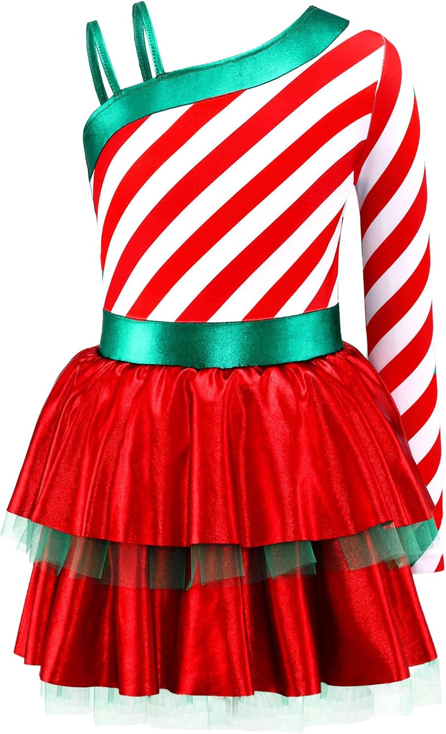 Big Girls Candy Cane Performance Leotard Long Sleeve Ice Skating Dress with Tutu Skirts