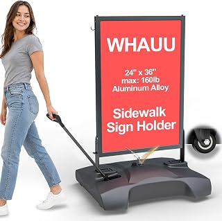 WHAUU Wind Resistant Sidewalk Sign Holder with Pull Handle & 4 Wheels | 160lb Heavy Duty Poster Stand with Water Base, 24"x36" Aluminum Sign Stand, Indoor & Outdoor Use, 1 Backboard & 2 PVC Films