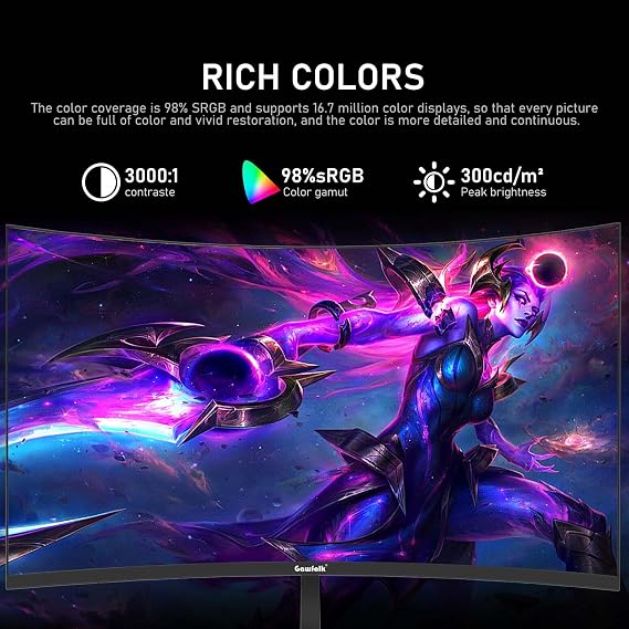 Gawfolk 27 Inch PC computer screen,1800R Curved Gaming 250Hz Monitors, FHD 1080p 1ms, Freesync, 98% sRGB,Built-in speaker, HDMI2.0、DisplayPort, Compatible with Wall-Mounted 100 * 100MM - Black