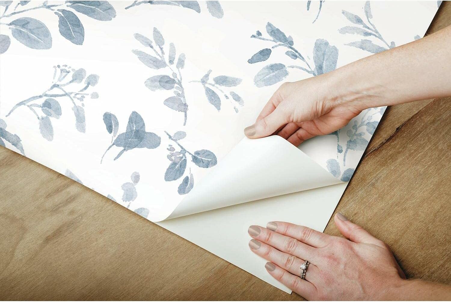 RoomMates RMK12051RL Blue and White Dancing Leaves Peel and Stick Wallpaper