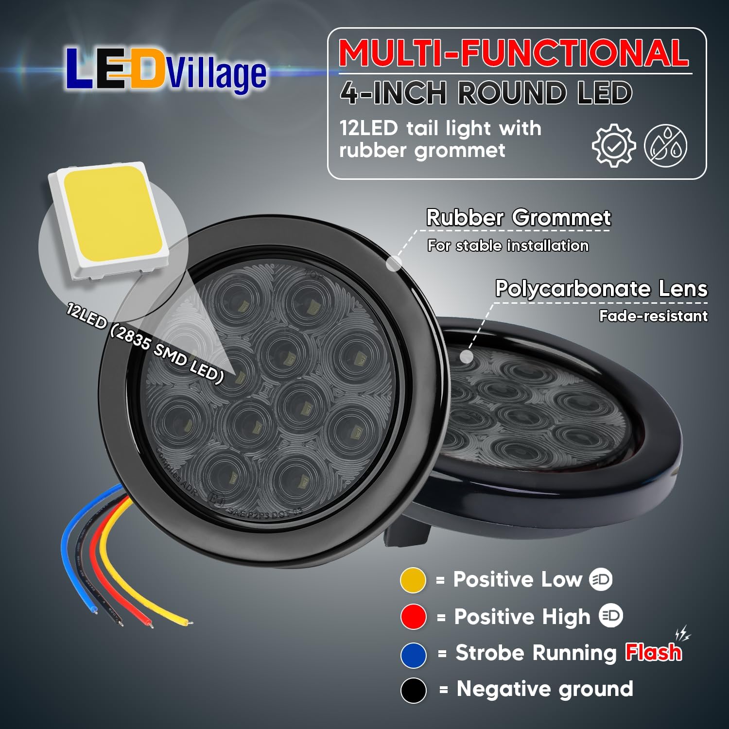 2 Pcs 4" Smoked Lens Amber LED Round Marker Clearance Tail Light with 3 Modes (Low/High/Strobe) – 12 LED, 4-Wire, Grommet & Prong Plug, 12V DC for Trailer, Truck, Van, RV, Tractor