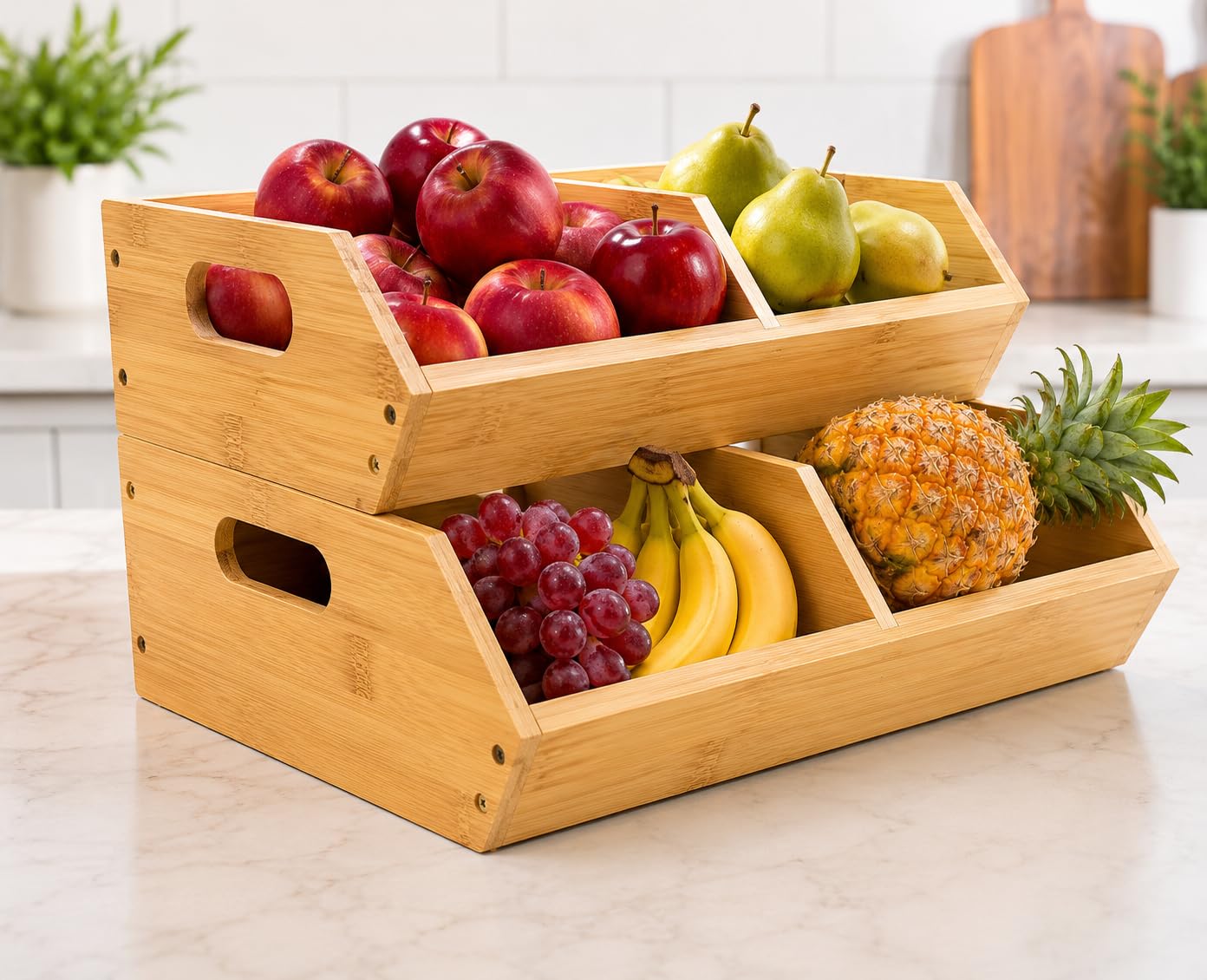 Lot de 2 bacs de rangement empilables en bambou pour légumes, organisateurs et paniers de rangement pour cuisine et garde-manger, pour fruits, légumes, produits, pain, pommes de terre, oignons et
