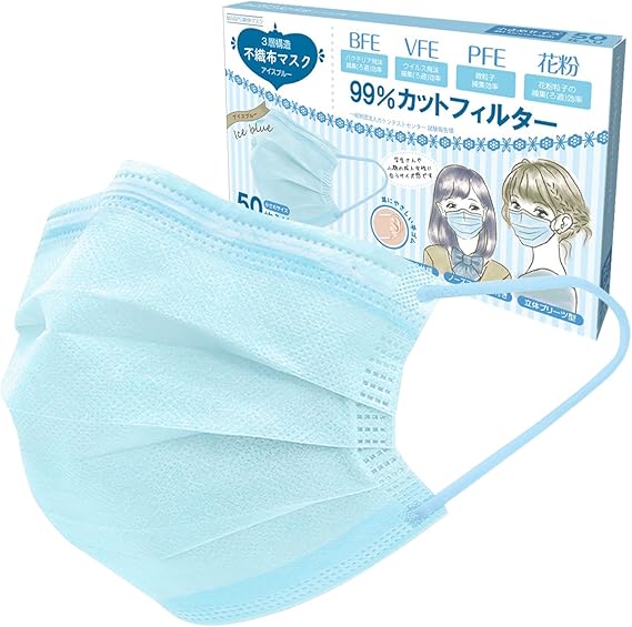 Amazon 雑貨の国のアリス 子ども用 プリーツマスク 5歳から小学生 50枚入り パステルカラー アイスブルー 雑貨の国のアリス 布マスク