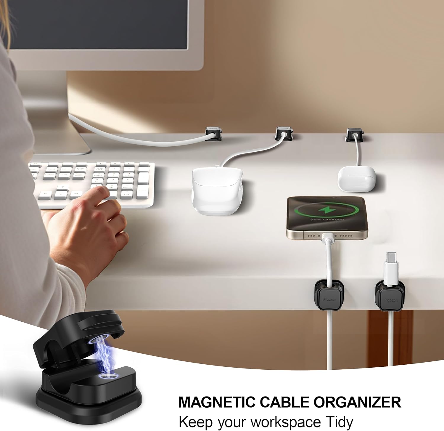 24 Pack Magnetic Cable Clip Organizer Cord Holder, Picozon Adhesive Cable Management, Wire Phone USB Charger Cable Holder, Keeper Organizer for Office Home Desktop Table - Black - Image 2