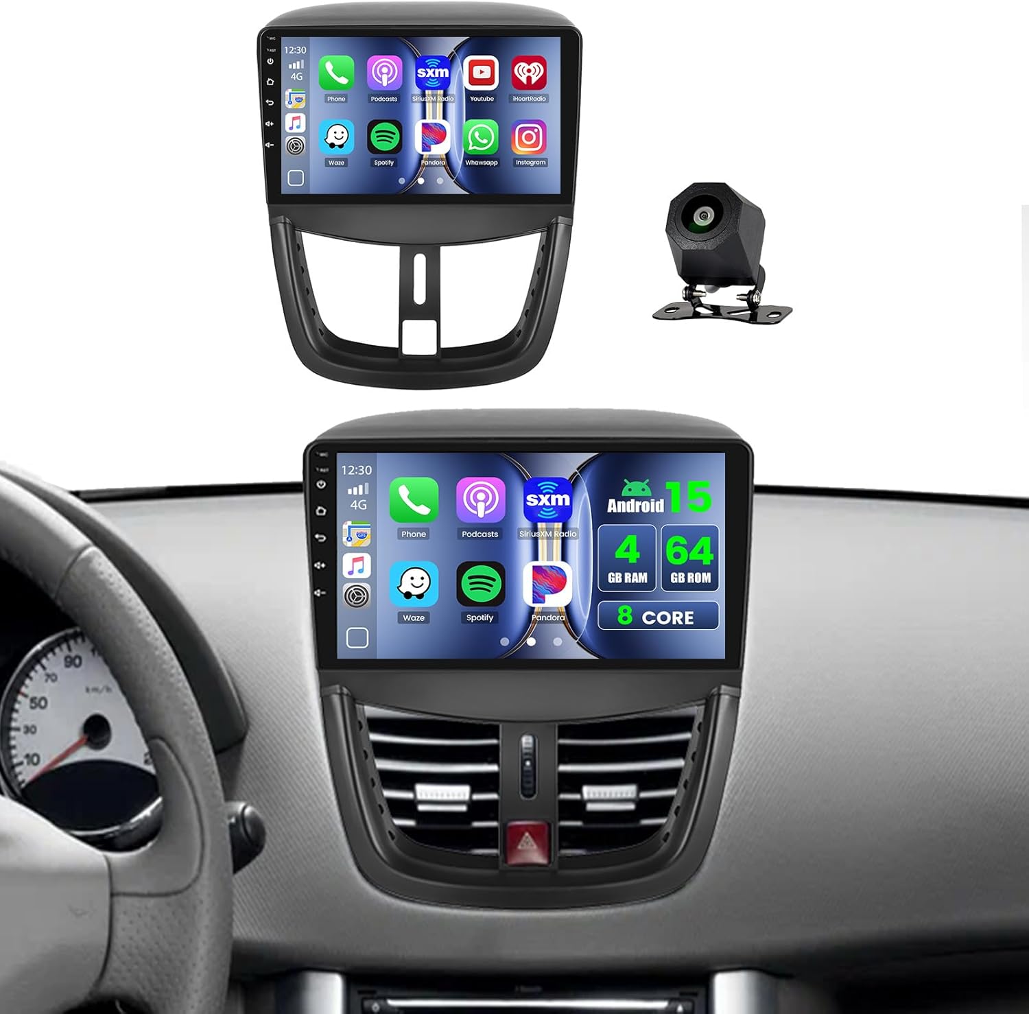 Hikity 8 Core 4+64G Android 15 Autoradio For Peugeot 207 2009-2013 Radio Wireless CarPlay Android Auto Bluetooth Handsfree 9″ Touch Screen GPS WiFi DSP FM RDS