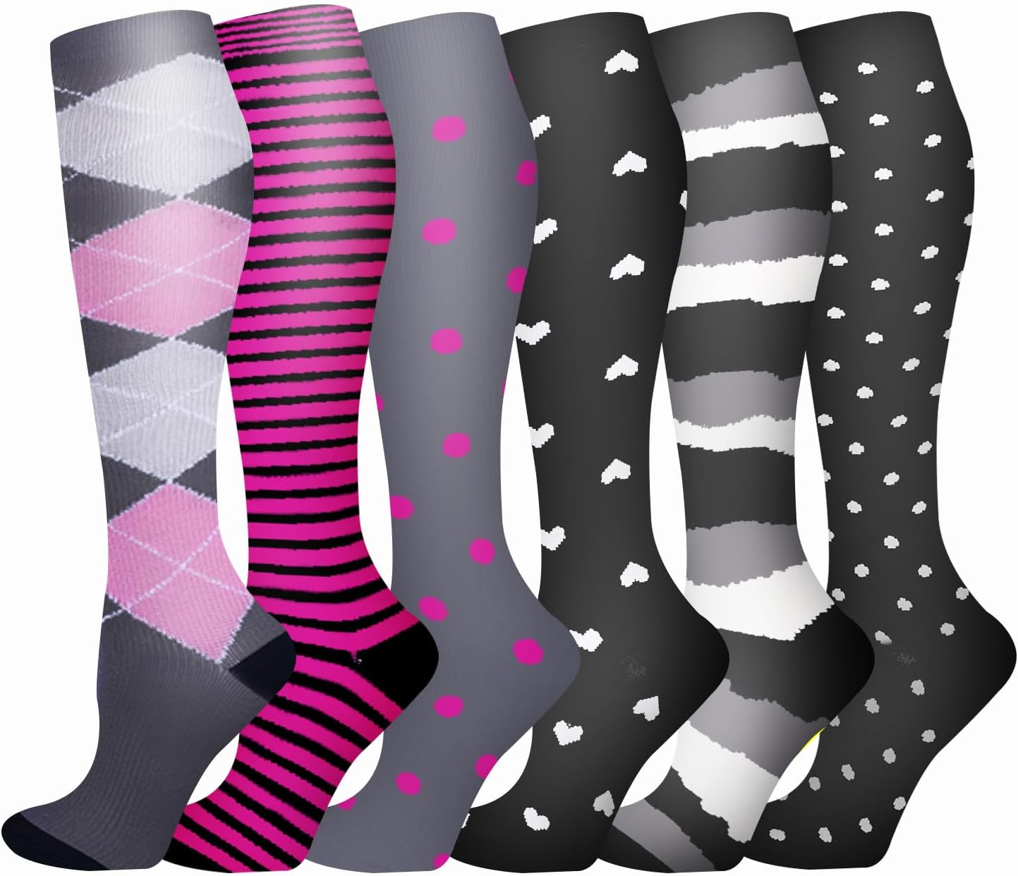 Compression Socks 6-Pair Set - Polyester Quick-Dry Sports Socks For Running/Yoga, Anti-Slip & Stretch Calf Support
