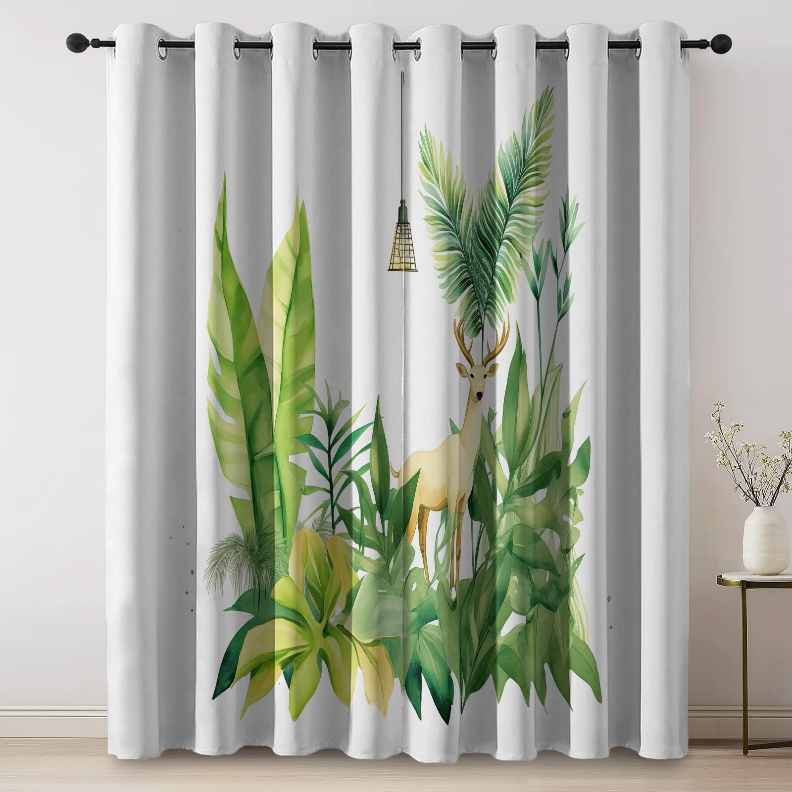 100% zasłony zaciemniające 168 x 183 cm (2 panele), tropikalny jeleń, tropikalne rośliny, zielone, izolacja termiczna, zasłony na przelotkach do sypialni, salonu i pokoju dziecięcego, redukcja hałasu