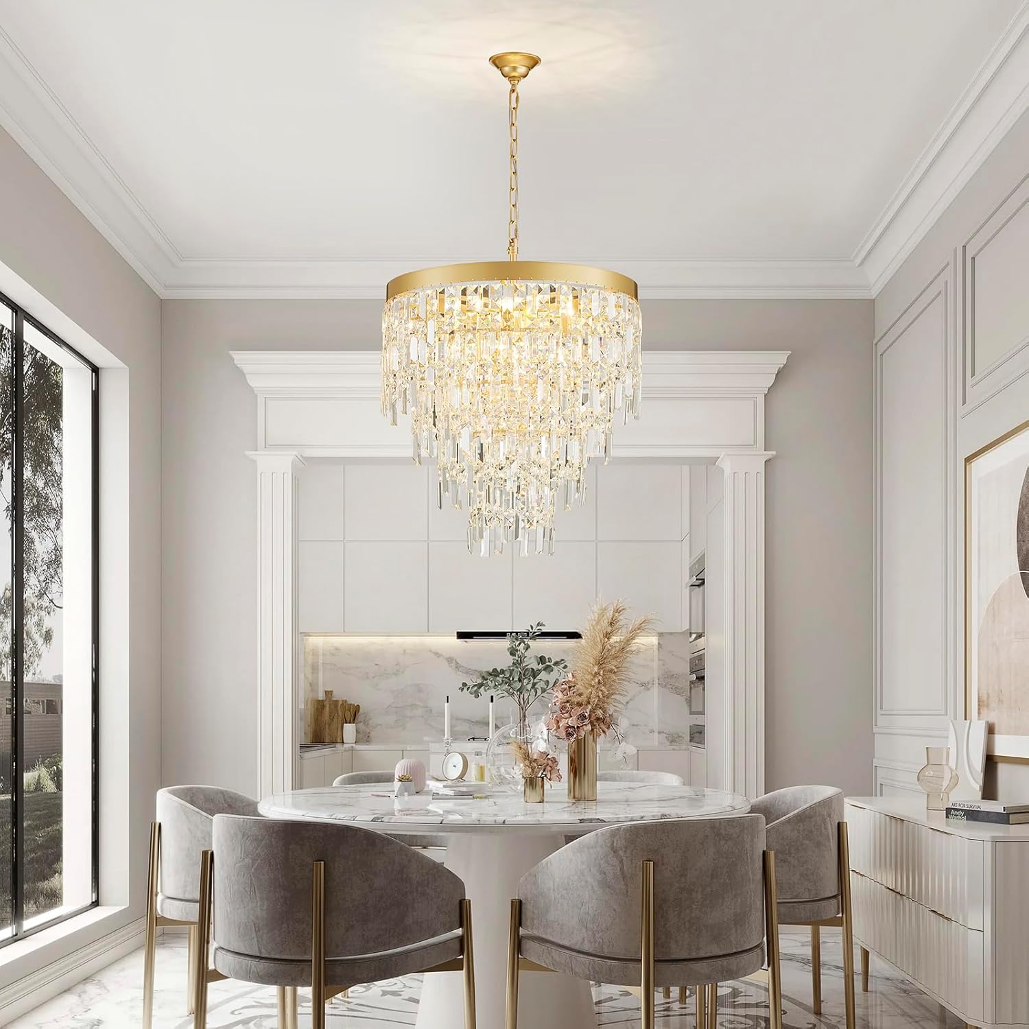 Modern Crystal Chandelier, 22.8” Gold Round Chandeliers for Dining Room Light Fixture, 4 Tiers 9 Lights Luxury Crystal Pendant Chandelier for Entryway Foyer Living Room Bedroom Kitchen Staircase