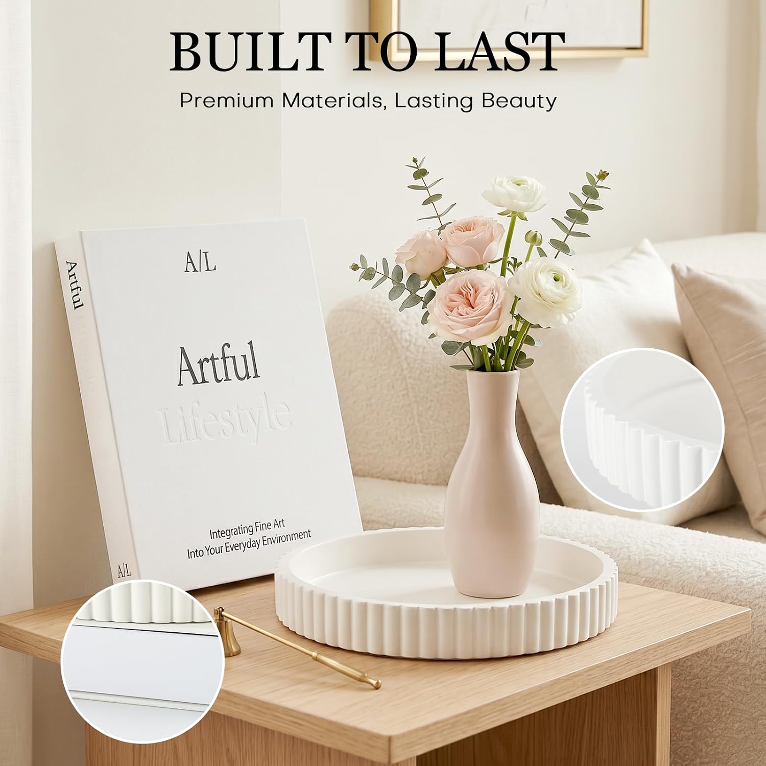 Decorative Tray & Book Decor Set, Round Tray, Coffee Table Decor - White