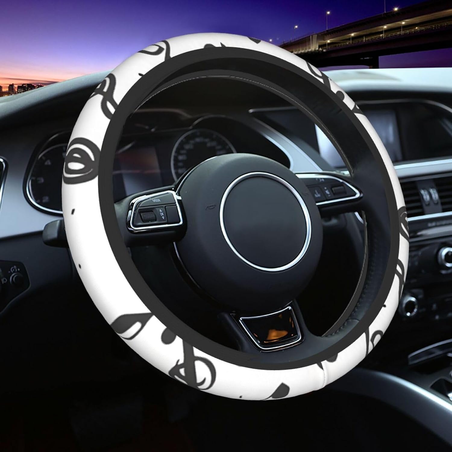 Funny Music Patterns Car Steering Wheel Cover for Women Men Universal 15 Inch Anti Slip Neoprene Wheel Protector Elastic Auto Steering Wheel Covers for Truck Van SUV Automotive Decor