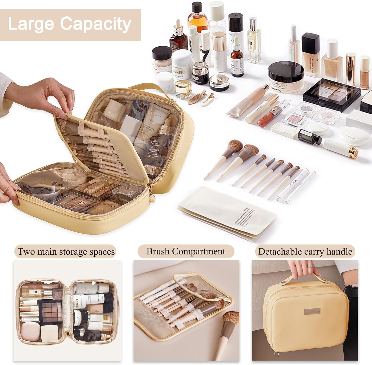 Travel Makeup Bag Large Capacity Cosmetic Bags with Compartment Open Flat Make up Organizer Waterproof Leather for Women,Yellow