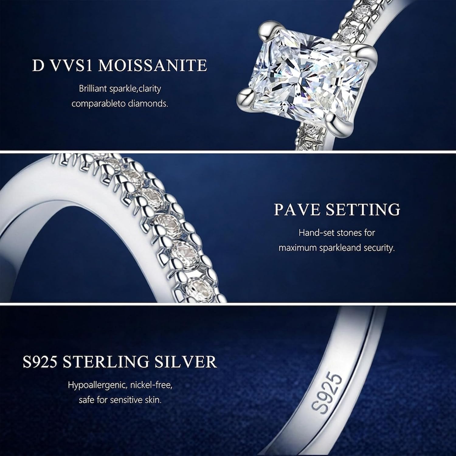 1/2/3/4 CT Emerald Cut Moissanite Engagement Rings for Women, D Color VVS1 Grade Moissanite Ring S925 Sterling Silver Solitaire Anniversary Promise Wedding Band Size 4-11