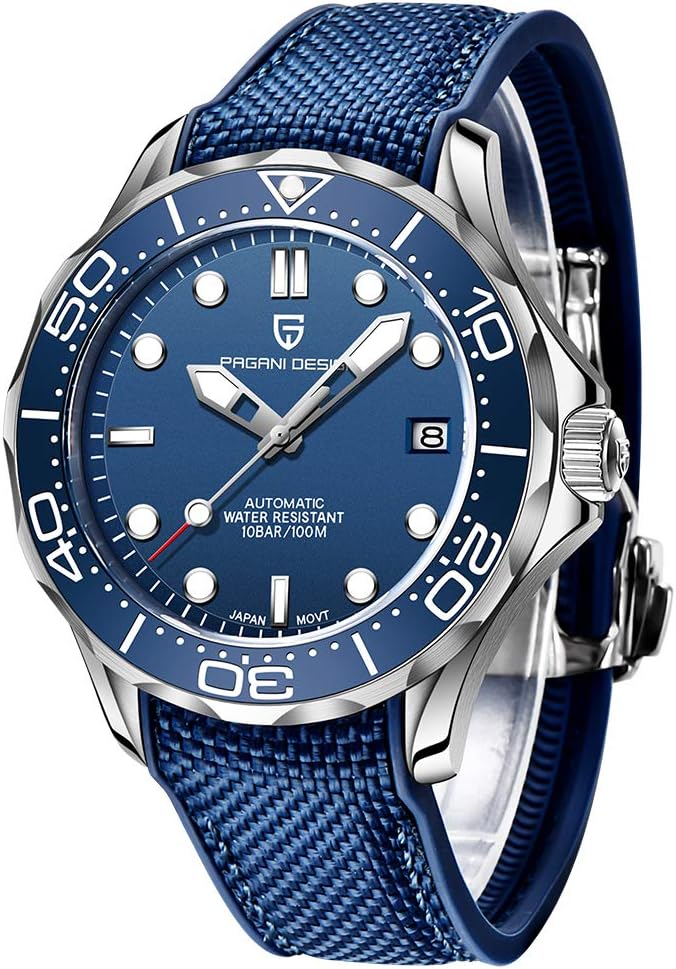 Pagani Design 007-Model Automatic Diving Watches for Men NH35 Movement, Stainless Steel Materials, Rotating Ceramic Bezel, Sapphire Domed Mirror, 100M Waterproof Mechancial Self Winding Wrist Watch