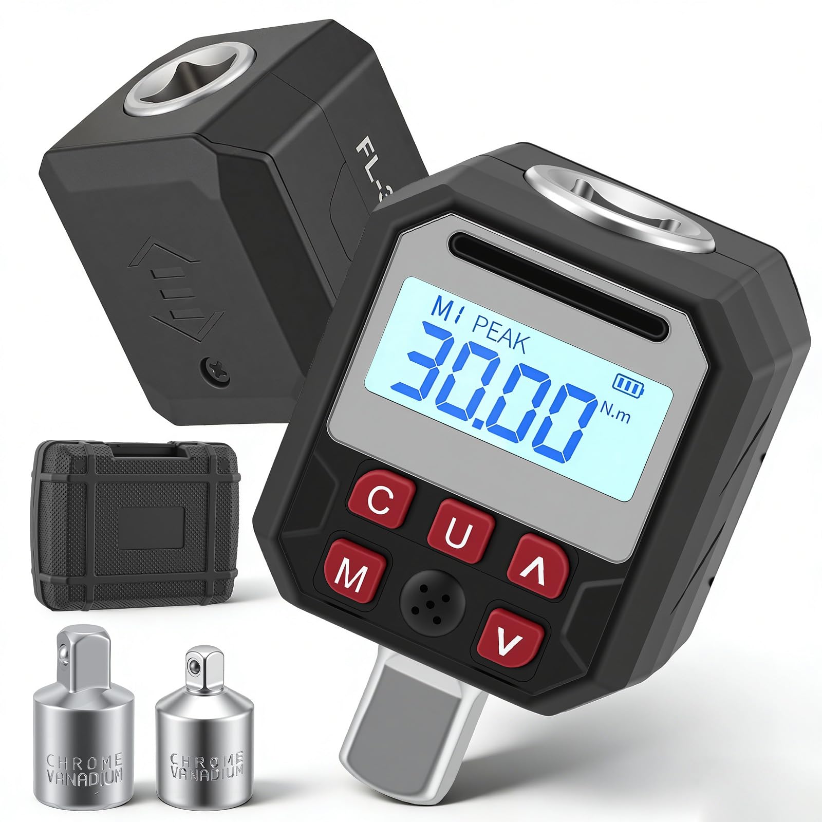 Adattatore Chiave Dinamometrica Digitale 1/2", 5-340 Nm – con attacchi 3/8" e 1/4", display LCD, LED e allarme acustico, Modalità Peak/Trace, 9 Memorie, – per Auto, Moto e Bici