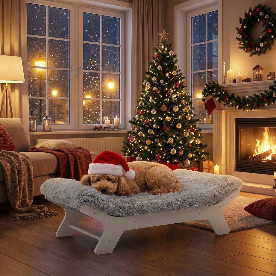 Miniatura 9 de Muihood Colchón de madera con marco de cama para perro, muebles elevados elevados, color blanco, adecuado para un peso de hasta 40 libras