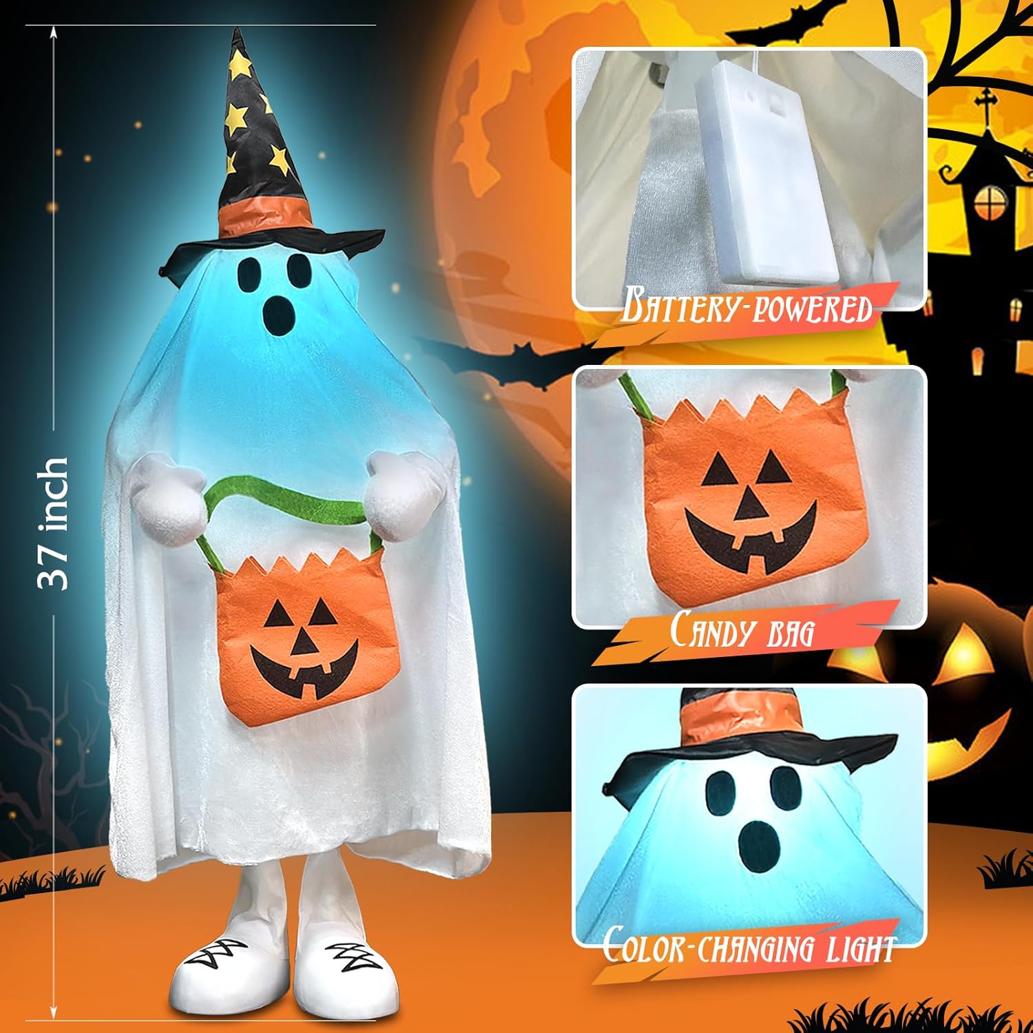 Halloween Decorations Outdoor Light Up Ghost Decor Indoor Color Changing Spooky Ghost Porch Decorations Trick or Treater with Candy Pocket Front Porch Halloween Decor for Yard Home Party Kids 37 "