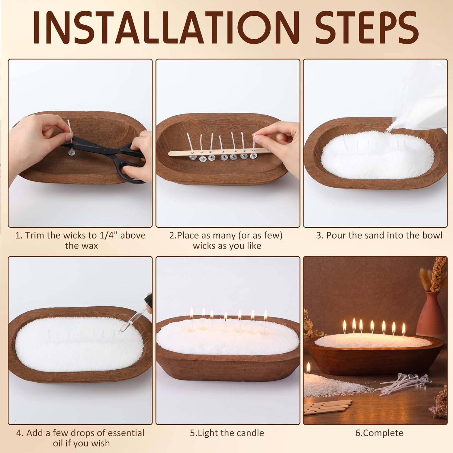 Sand Candle Making Kit Unscented Wax Beads with Wick and Wood Bowl, Regular