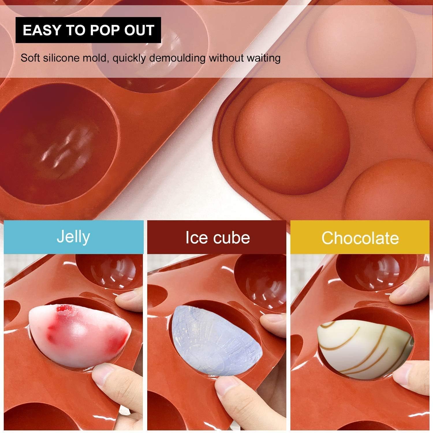 6 Holes Semi Sphere Silicone Mold, Baking for Making Hot Chocolate Bomb, Dome Mousse，Cake, Jelly (2pcs Brick red)