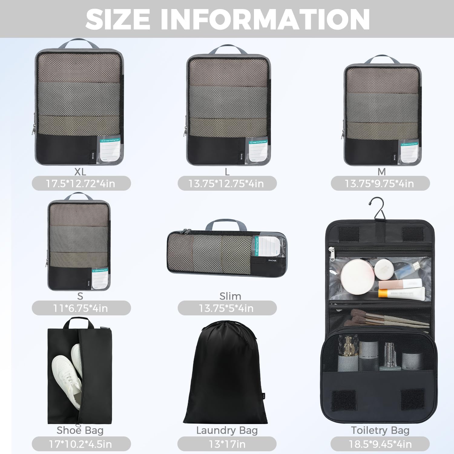 BAGAIL 4 Set/6 Set/8 Set Compression Packing Cubes Travel Accessories Expandable Packing Organizers (Half Mesh, 8-Jet Black) - Image 2